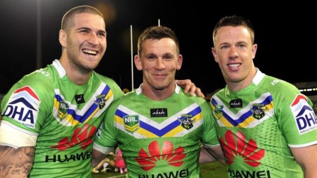 Former Raiders players Joel Thompson, Shaun Berrigan and Sam Williams in 2013. Williams is likely to return but Thompson will stay at the Dragons.
