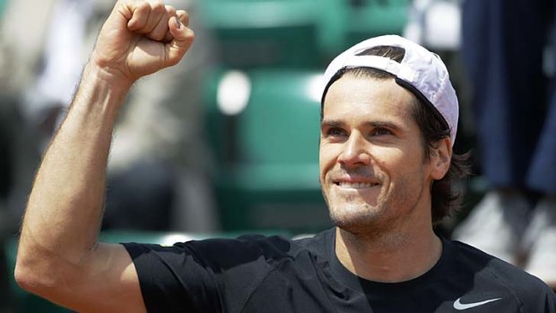 Germany's Tommy Haas shows his elation after defeating Russia's Mikhail Youzhny.