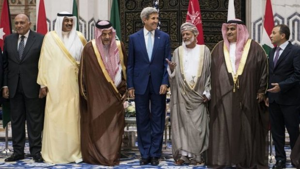 US Secretary of State John Kerry (centre) with Omani Foreign Minister Yussef bin Alawi bin Abdullah, Bahraini Foreign Minister Sheikh Khaled bin Ahmed al-Khalifa and Lebanese Foreign Minister Gebran Bassil, with the Gulf Co-operation Council and regional partners. 