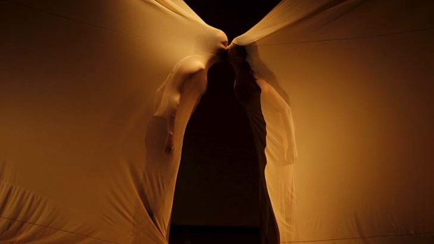 Between the sheets &#8230; dancers Sidi Larbi Cherkaoui and Maria Pages kiss through the material they use on stage during Dunas, which opened at the Sydney Opera House as part of the Spring Dance festival.