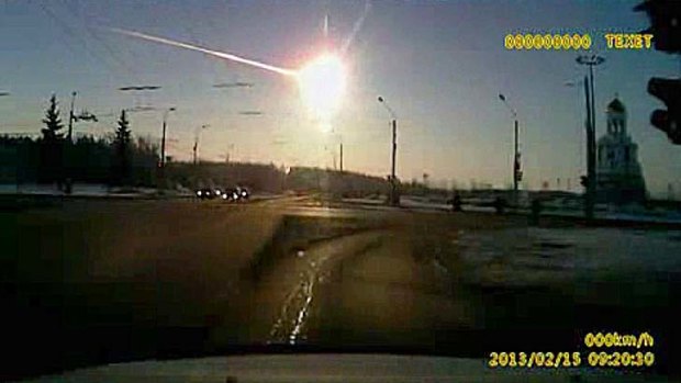 A dashcam captures the meteor streaking through the sky over Chelyabinsk, Russia.