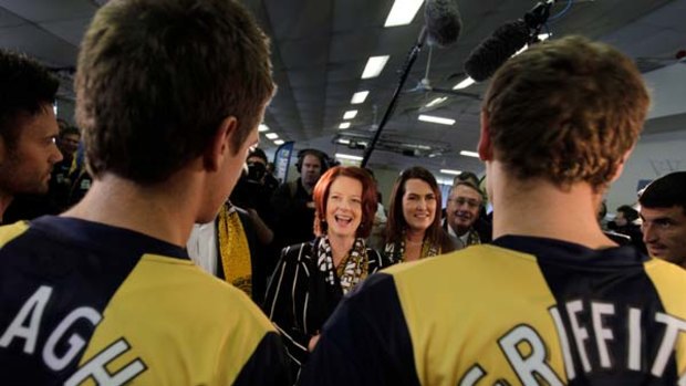 Julia Gillard visiting the Mariners A-League team on the NSW Central Coast yesterday.