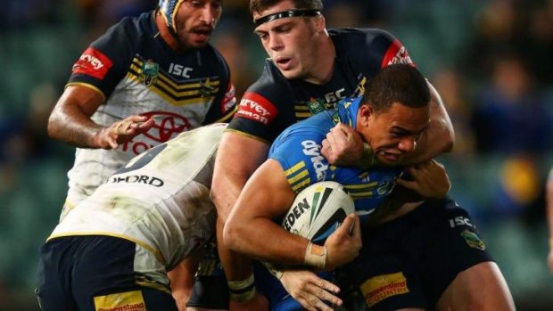 Going nowhere: Will Hopoate gets some rough treatment.