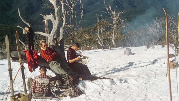Jim and John Parker and a third skier resting at the top of the Morning Run, Brumby Cup, 1956.