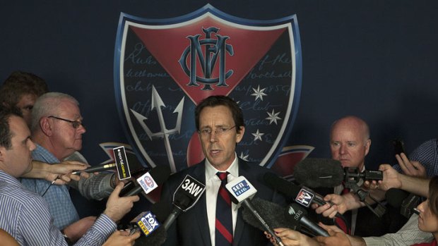 Melbourne Football Club CEO Cameron Schwab front the media at the MCG.