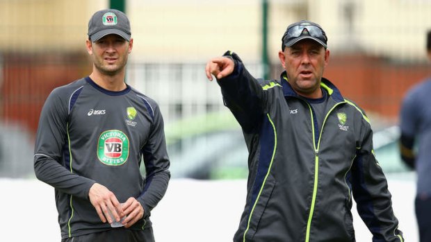 Michael Clarke and Darren Lehmann look on during a nets session in Northampton.