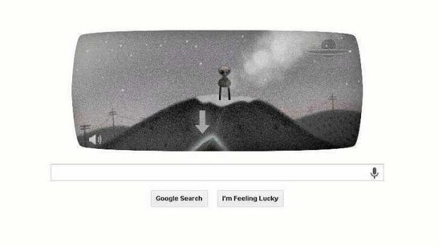 Google doodle celebrating the 66th anniversary of Roswell UFO sightings.