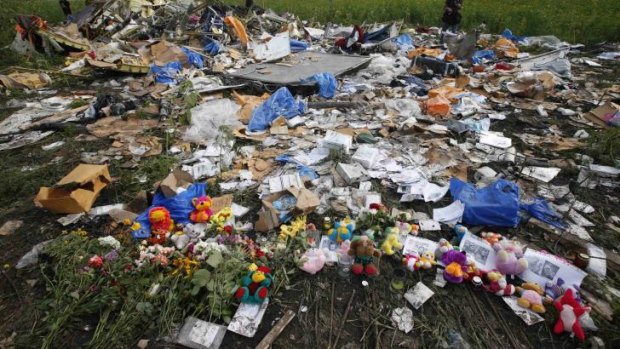 A shrine at the crash site of Malaysia Airlines flight MH17 near Rozspyne in the Donetsk region of Ukraine.