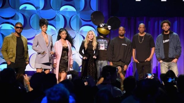 The big name artists committed to Tidal: (from left) Usher, Rihanna, Nicki Minaj, Madonna, Deadmau5, Kanye West, JAY Z, and J. Cole.
