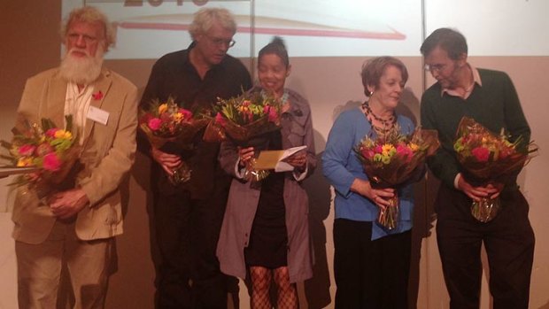 Award winners Bruce Pascoe, John Kinsella, Michelle de Kretser, Libby Gleeson and Ross McMullin at the Prime Minister's Literary Awards in Brisbane.