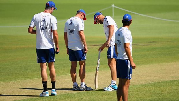 Kevin Pietersen, Andy Flower, coach of England, Matt Prior and Alastair Cook of England peruse the WACA pitch. How fast? How bouncy?