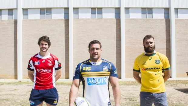 Josh Mann-Rea, centre, has re-signed with the Brumbies along with Sam Carter, left, and Scott Fardy, right.