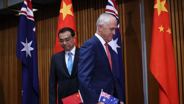 Prime Minister Malcolm Turnbull and Premier Li Keqiang of China during a signing ceremony at Parliament House last month. 