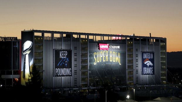 Interest: Levi's Stadium in Santa Clara decorated with slogans for the Carolina Panthers and Denver Broncos.