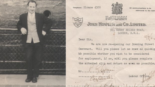 A dapper Patrick Glynn in his younger days and the contract given to John Mowlem and Company.