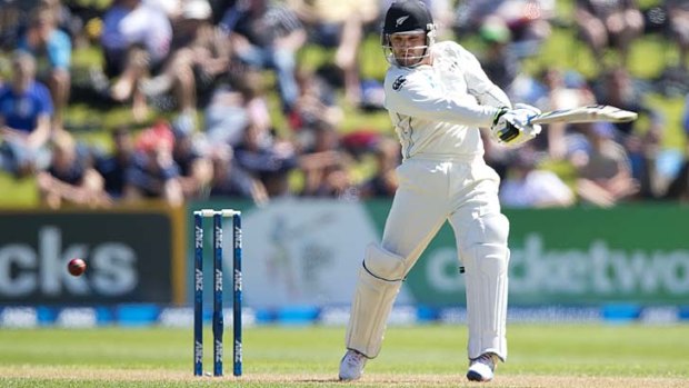 Leading from the front: Brendon McCullum smashes a loose delivery to the boundary on his way to an unbeaten century on the opening day of the first Test against the West Indies at the University Oval in Dunedin.