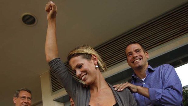 Good news ... Jantje Korten and her brother Fritz celebrate after seeing their mother in hospital.