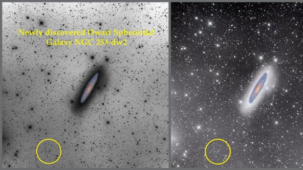 Astronomical images of the new galaxy (circled).
