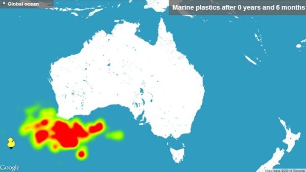 A screengrab from adrift.org.au showing how far debris could have spread from the duck icon over a six-month period.