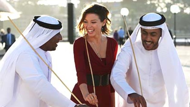 Alliance ... Dannii Minogue arrives at the official party to celebrate V Australia and Etihad Airways inaugural Abu Dhabi flight at the Sydney Opera House.