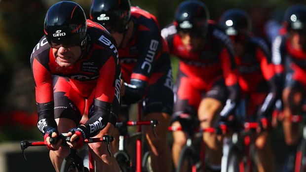 Cadel Evans leads his BMC Racing team on stage two of the Giro d'Italia.