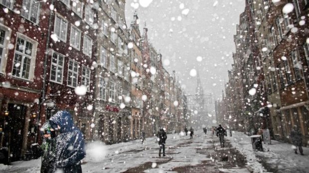 Struggle: A heavy snowfall in Gdansk, Poland, on Friday.