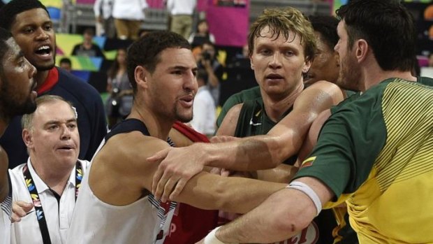 Patriotic: US guard Klay Thompson argues with a Lithuanian player at the semi-final won by the Americans 96-68.