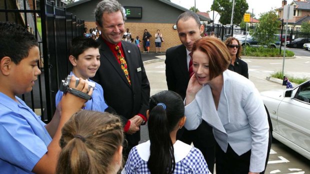 Julia Gillard meets students at Our Lady of the Rosary in Sydney today, with local MP David Bradbury.