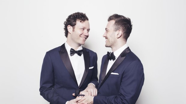 Joel Meares (left) with his partner Kyle Griffin ahead of their wedding last year.
