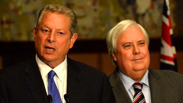 United with Palmer: Al Gore and Clive Palmer address the media at Wednesday afternoon's news conference in Canberra.