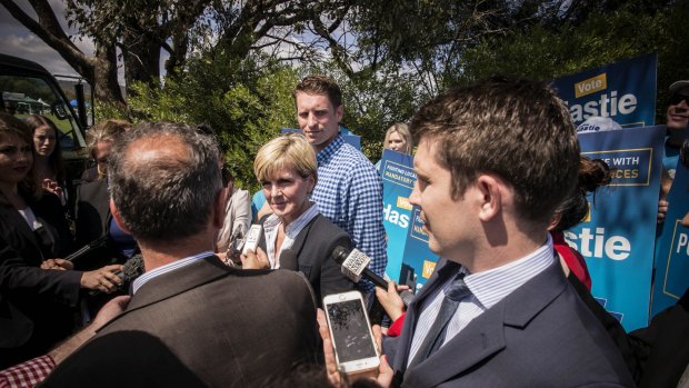 Liberal hopeful Andrew Hastie and Foreign Minister, Julie Bishop speak to the media at a polling place as voting takes place in the by-Election in Canning, Western Australia
Pic:Tony McDonough