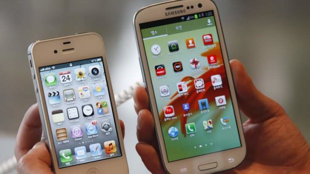 An Apple iPhone with it's competitor, a Samsung Galaxy.