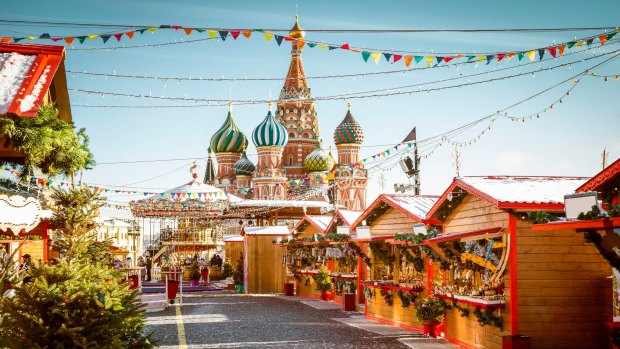Christmas village fair on Red Square in Moscow, Russia.