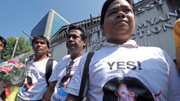 Suu Kyi supporters take part in a demonstration outside the Burma embassy in Bangkok.