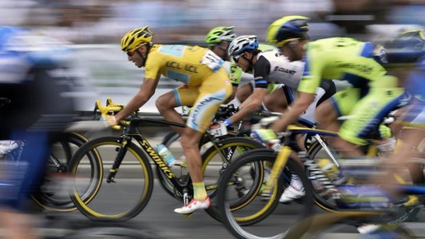 Italy's Vincenzo Nibali rides in the pack on the Champs-Elysees.