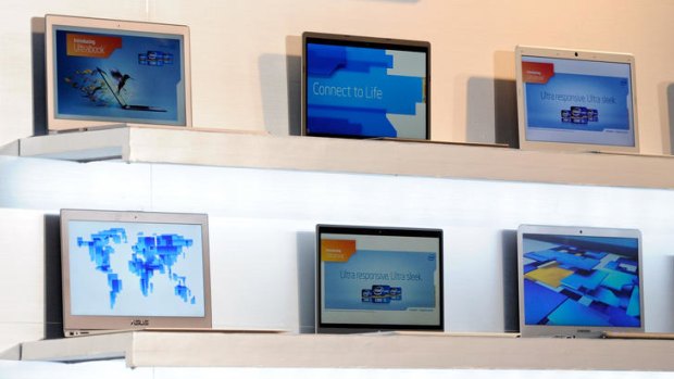 Ultrabooks are displayed during a press event by Intel.