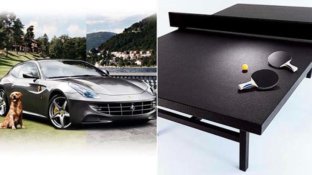 Fantasy gifts from the Neiman Marcus Christmas catalogue; an exclusive edition of the 2012 Ferrari FF and a $US45,000 piece made of black rubber that doubles as a pingpong table.