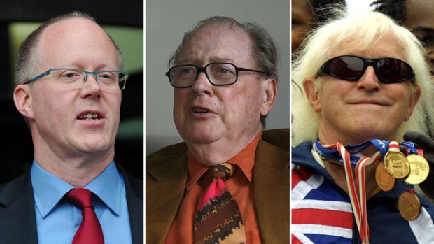 Media disasters ... the director-general of the BBC, George Entwistle (left), resigned over the false accusation against Lord McAlpine (centre). Right, Jimmy Savile.