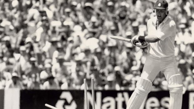 Punishing form: Chris Broad smashes his stumps after being dismissed in a Test in Sydney in 1988.