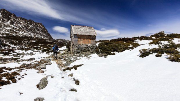 Through the snow to kitchen hut, on the flank of Cradle Mountain.