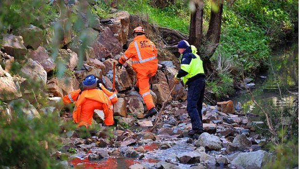 Police and SES volunteers search a creek bed in Boronia for signs of 'Bung'.