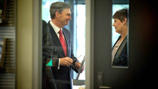 John Brumby on the trail in Geelong yesterday with Education Minister Bronwyn Pike, whose battle to retain her seat of Melbourne against the Greens' Brian Walters has become the focus of a furore over Labor tactics.