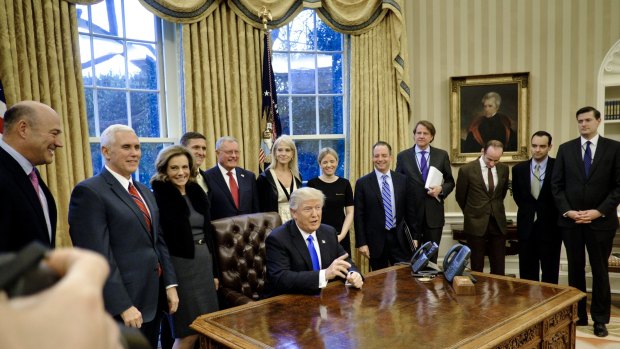 Donald Trump in the Oval Office of the White House in Washington, DC.