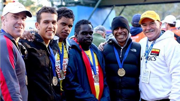 Marathon men ... Robert de Castella with the Aboriginal athletes at the New York Marathon.