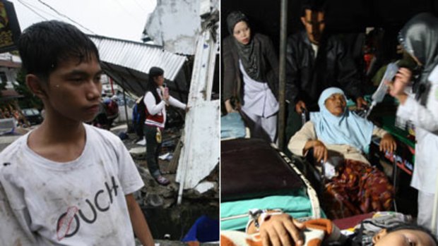 (Right) Survivors survey the wreckage of their homes in Padang. Rescuers were yet to arrive, (left) waiting for help in a Padang hospital.