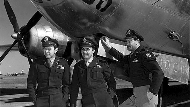 From left, Captain Theodore Van Kirk, Colonel Paul Tibbets and Major Thomas Ferebee after their return from Hiroshima.