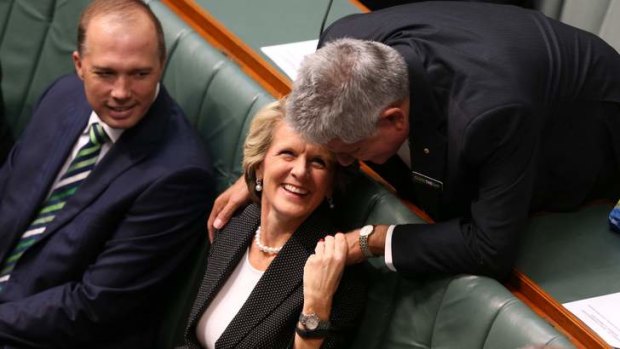 MP Ken Wyatt and Foreign Minister Julie Bishop talk prior to Prime Minister Tony Abbott delivering the Closing the Gap report.