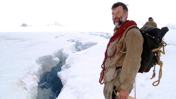 Tim Jarvis at an abyss on South Georgia Island.