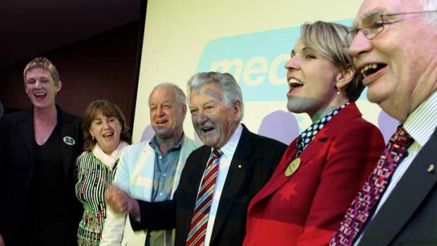 Bob Hawke with Tany Plibersek, Brian Howe, Neal Blewett and Cath Bowtell at a party to celebrate Medicare's 30th birthday.