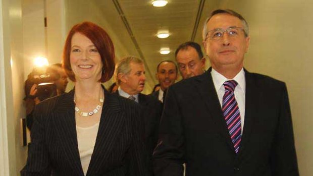 Off we go ... Ms Gillard and Mr Swan emerge from the leadership ballot.